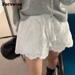 FOTVOTEE Lace Shorts for Women Korean Style Chic Casual Hot Pants Spring Summer 2025 New Fashion Female High Waist Shorts