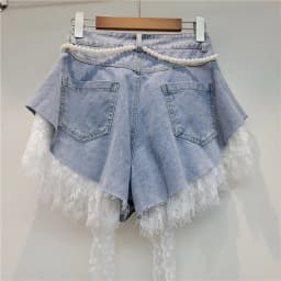 2026 Summer Women's Lace Denim Shorts Two Piece Set Thin Slim A Line High Waist Lace Edge Booty Pants Casual Jeans Streetwear