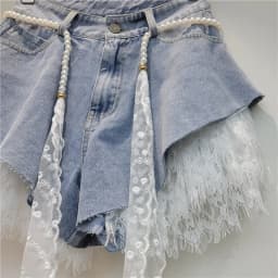 2026 Summer Women's Lace Denim Shorts Two Piece Set Thin Slim A Line High Waist Lace Edge Booty Pants Casual Jeans Streetwear