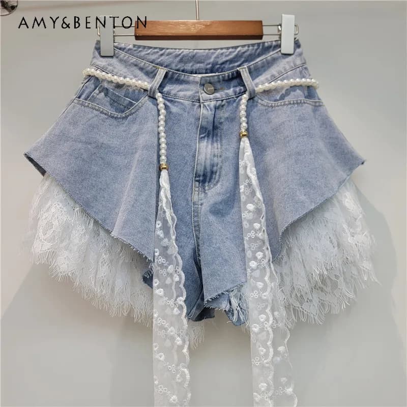 2026 Summer Women's Lace Denim Shorts Two Piece Set Thin Slim A Line High Waist Lace Edge Booty Pants Casual Jeans Streetwear