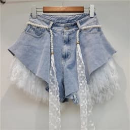 2026 Summer Women's Lace Denim Shorts Two Piece Set Thin Slim A Line High Waist Lace Edge Booty Pants Casual Jeans Streetwear