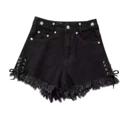 Women's Black Bandage Raw Edge Cross Flower Denim Shorts Personalized Streetwear Fashion Summer Slim High waisted Hot Pants