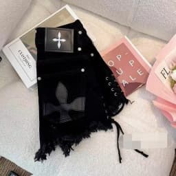 Women's Black Bandage Raw Edge Cross Flower Denim Shorts Personalized Streetwear Fashion Summer Slim High waisted Hot Pants