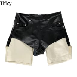 TIFICY High Street Shorts Women's New High Waisted Zipper Shapewear Denim Coated Flat Corner Pocket Color Blocked Shorts