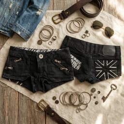 Hip Hop Womens Black Union Jack Patch Denim Shorts with Zippered Pockets Retro Y2K Punk Trend Gothic Casual Street Hot Pants