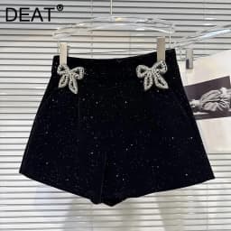 DEAT 2025 Winter New Fashion Rhinestone Bow Decoration Velvet Shorts For Women Black Versatile Boot Short Pants Female 11A07701