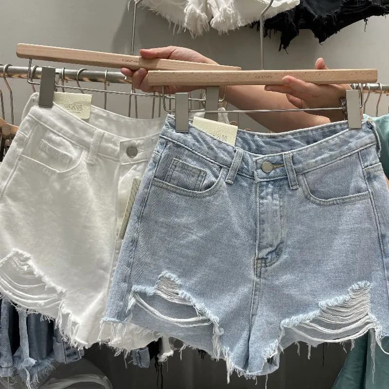 Y2k Women's Ripped Denim Shorts New Loose A-Line with Frayed Edges for Summer Short Pants Women Streetwear Jean Shorts Black