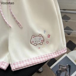 Japanese Sweet Lolita Style Shorts Women Kawaii Cartoon Cat Embroidery Short Pants Y2k Cute Patchwork Plaid Shorts Ropa Mujer