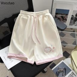 Japanese Sweet Lolita Style Shorts Women Kawaii Cartoon Cat Embroidery Short Pants Y2k Cute Patchwork Plaid Shorts Ropa Mujer