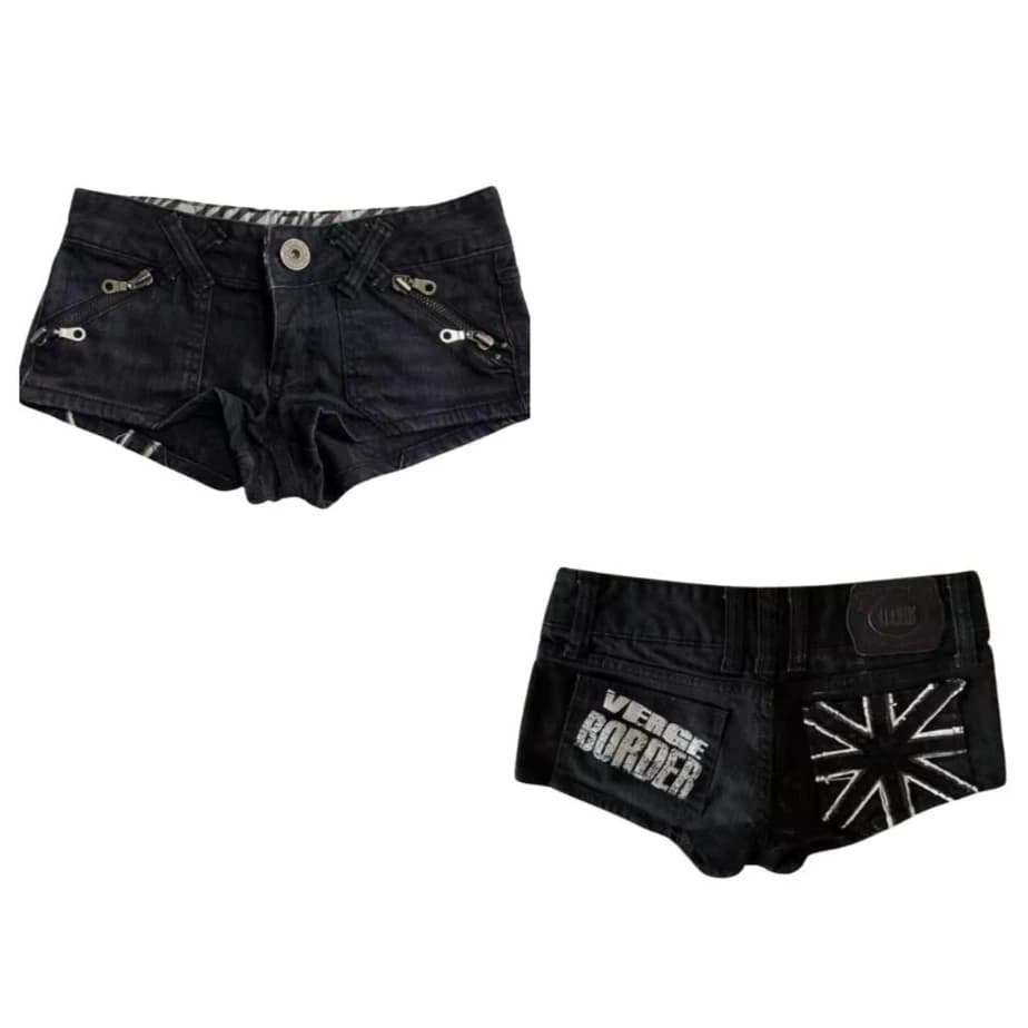 Hip Hop Gothic Fashion Street Denim Shorts Pocket Zipper Print Black Shorts Y2k Slim Shorts Sexy Mini Skirt Women Clothing Jorts