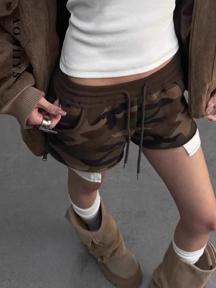 Aoaiiys Spice Girls Shorts Women Vintage Camouflage Print Shorts High Waisted Drawstring Fashion Design Short Summer 2026 New