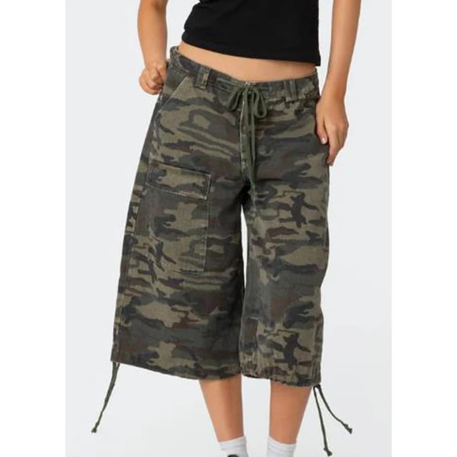 Retro Women Summer Autumn Cargo Shorts Casual Camouflage Print Loose Drawstring Short Pants for Club Streetwear