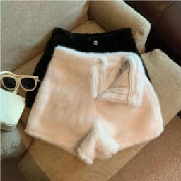 Autumn Winter White Faux Mink Velvet Shorts Women Thicken Warm Plush Boot Pants High Waist Casual Wide Leg Short Pants Female