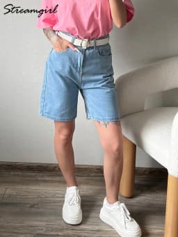 High Waist Long Denim Shorts For Women Summer 2025 Straight Short Jeans Streetwear Slim Women Jeans Denim Pants Jean Shorts