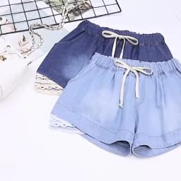 3XL Oversize Denim Wide Leg Shorts Women Summer 100%Cotton Shorts Splice Lace Elastic Waist Cute Soft Girl Frilly Jeans Shorts