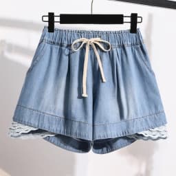 3XL Oversize Denim Wide Leg Shorts Women Summer 100%Cotton Shorts Splice Lace Elastic Waist Cute Soft Girl Frilly Jeans Shorts