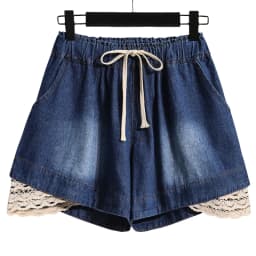 3XL Oversize Denim Wide Leg Shorts Women Summer 100%Cotton Shorts Splice Lace Elastic Waist Cute Soft Girl Frilly Jeans Shorts