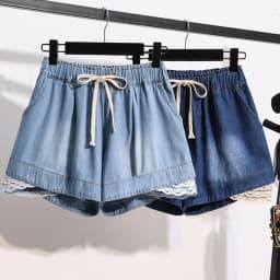 3XL Oversize Denim Wide Leg Shorts Women Summer 100%Cotton Shorts Splice Lace Elastic Waist Cute Soft Girl Frilly Jeans Shorts