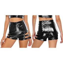 Womens Metallic Shiny Shorts High Waist Thighs Cutout with Metal Buckles Hot Pants Booty Shorts Dancewear for Jazz Cheerleading
