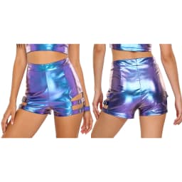 Womens Metallic Shiny Shorts High Waist Thighs Cutout with Metal Buckles Hot Pants Booty Shorts Dancewear for Jazz Cheerleading