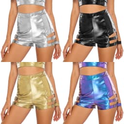 Womens Metallic Shiny Shorts High Waist Thighs Cutout with Metal Buckles Hot Pants Booty Shorts Dancewear for Jazz Cheerleading
