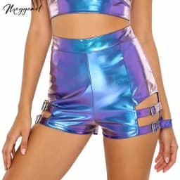 Womens Metallic Shiny Shorts High Waist Thighs Cutout with Metal Buckles Hot Pants Booty Shorts Dancewear for Jazz Cheerleading