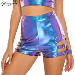 Womens Metallic Shiny Shorts High Waist Thighs Cutout with Metal Buckles Hot Pants Booty Shorts Dancewear for Jazz Cheerleading