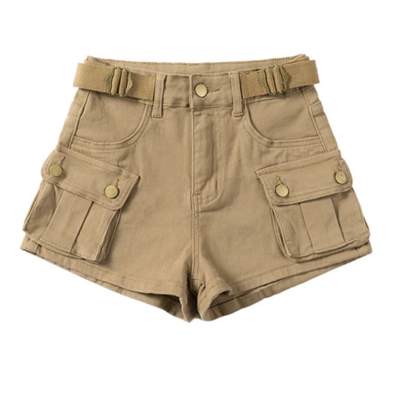 American Vintage Belt Trim High Waist Large Pockets Cargo Shorts Women A-line Long Legs Khaki Casual Shorts Hot Short Pant Chic