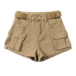 American Vintage Belt Trim High Waist Large Pockets Cargo Shorts Women A-line Long Legs Khaki Casual Shorts Hot Short Pant Chic