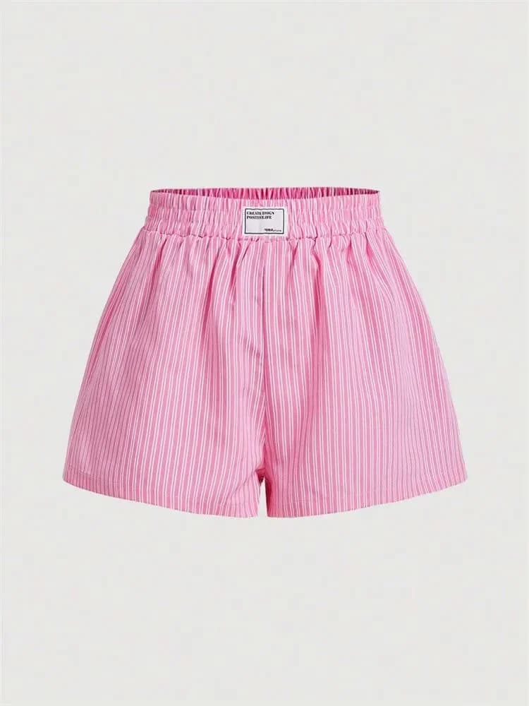 Striped Letter Label Shorts for Women Summer Casual Pink Elastic Waist Shorts Streetwear