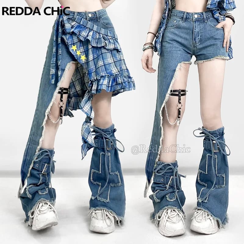 REDDACHiC Asymmetrical Denim Shorts Star Plaid Coverups Leg Warmers Women Set Trendy New Low Rise Pants Summer Retro Y2k Clothes