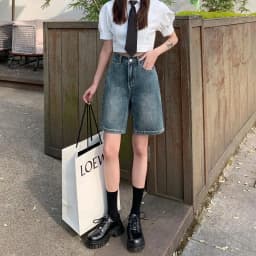 FINEWORDS Summer Vintage High Waist Bermuda Shorts Jeans Women Korean Casual Wide Leg Denim Shorts Streetwear Loose Middle Short