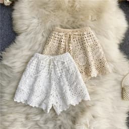 Boho Holiday Crochet Shorts for Women High Waist Hollow Out Lace-up Female Short Ladies Summer All-matching Trousers Dropship