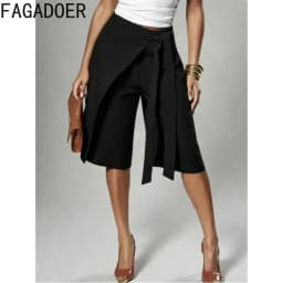 FAGADOER Women Wrap Front Bermuda Shorts High Waist Tie Wide Leg Culotte Pants Office Lady Casual Fashion Workwear Bottoms