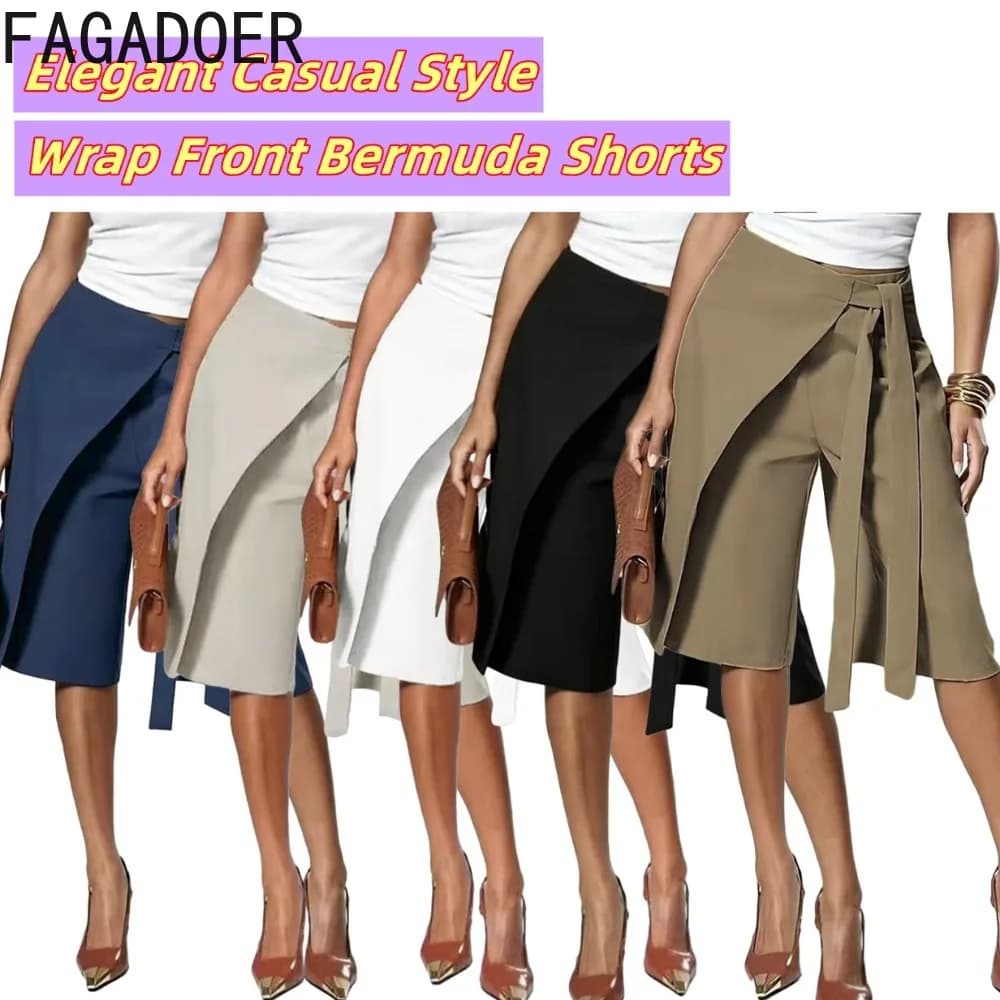 FAGADOER Women Wrap Front Bermuda Shorts High Waist Tie Wide Leg Culotte Pants Office Lady Casual Fashion Workwear Bottoms