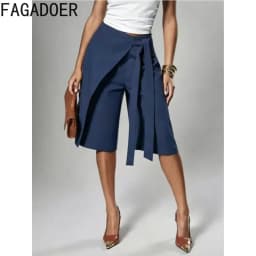 FAGADOER Women Wrap Front Bermuda Shorts High Waist Tie Wide Leg Culotte Pants Office Lady Casual Fashion Workwear Bottoms