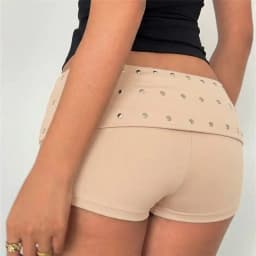 Women Y2K Rivet Decor Low Waist Mini Shorts Fold Over Waistband Skinny Stretch Hot Shorts Club Party Streetwear Bottoms