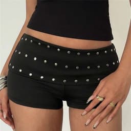 Women Y2K Rivet Decor Low Waist Mini Shorts Fold Over Waistband Skinny Stretch Hot Shorts Club Party Streetwear Bottoms