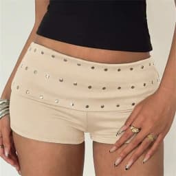 Women Y2K Rivet Decor Low Waist Mini Shorts Fold Over Waistband Skinny Stretch Hot Shorts Club Party Streetwear Bottoms