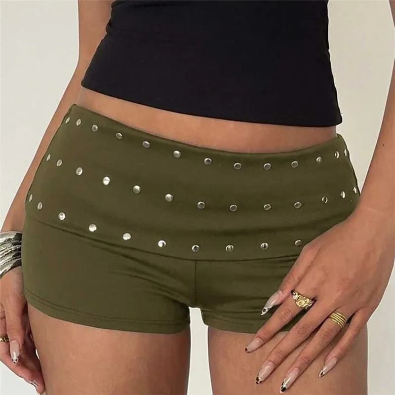 Women Y2K Rivet Decor Low Waist Mini Shorts Fold Over Waistband Skinny Stretch Hot Shorts Club Party Streetwear Bottoms