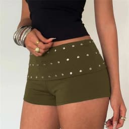 Women Y2K Rivet Decor Low Waist Mini Shorts Fold Over Waistband Skinny Stretch Hot Shorts Club Party Streetwear Bottoms