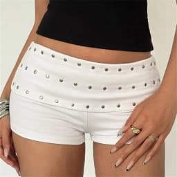 Women Y2K Rivet Decor Low Waist Mini Shorts Fold Over Waistband Skinny Stretch Hot Shorts Club Party Streetwear Bottoms