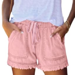Women's Elastic Waist Fringe Mid Waist Washed Knee Length Straight Leg Denim Shorts with Front Pocket for Summer Outdoor Casual