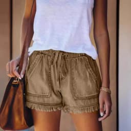 Women's Elastic Waist Fringe Mid Waist Washed Knee Length Straight Leg Denim Shorts with Front Pocket for Summer Outdoor Casual