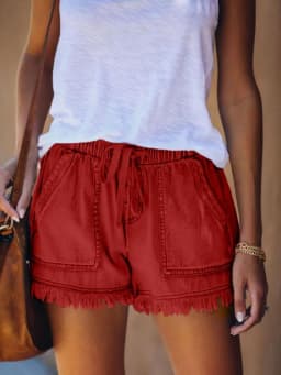 Women's Elastic Waist Fringe Mid Waist Washed Knee Length Straight Leg Denim Shorts with Front Pocket for Summer Outdoor Casual