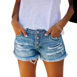 Women's Low Waist Cotton Capri Length Brushed Lightweight Skinny Washed Straight Leg Streetwear Summer Shorts with Frayed Hem