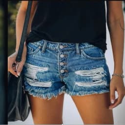 Women's Low Waist Cotton Capri Length Brushed Lightweight Skinny Washed Straight Leg Streetwear Summer Shorts with Frayed Hem