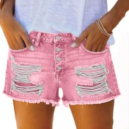 Women's Low Waist Cotton Capri Length Brushed Lightweight Skinny Washed Straight Leg Streetwear Summer Shorts with Frayed Hem