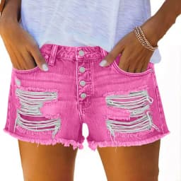 Women's Low Waist Cotton Capri Length Brushed Lightweight Skinny Washed Straight Leg Streetwear Summer Shorts with Frayed Hem