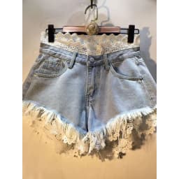 2026 Summer New Splicing Hook Lace High Waist Burr Denim Shorts Hot Pants Women